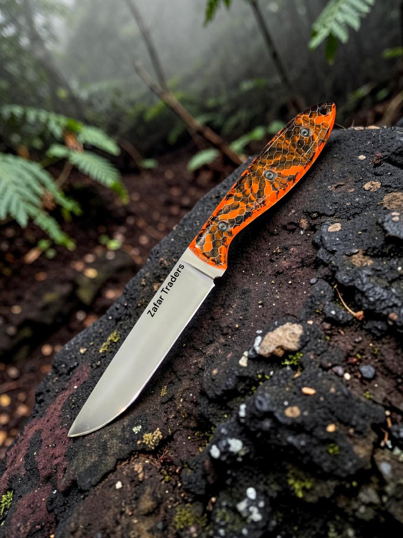 Zafar Traders Orange Honeycomb Drop-Point Knife | 10" Full Tang | 5" Blade